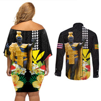 Hawaii King Kamehameha Day Couples Matching Off Shoulder Short Dress and Long Sleeve Button Shirt Kanaka Maoli Hibiscus Flower and Kakau Pattern