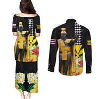 Hawaii King Kamehameha Day Couples Matching Puletasi and Long Sleeve Button Shirt Kanaka Maoli Hibiscus Flower and Kakau Pattern LT03 - Polynesian Pride