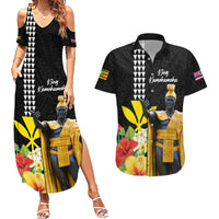 Hawaii King Kamehameha Day Couples Matching Summer Maxi Dress and Hawaiian Shirt Kanaka Maoli Hibiscus Flower and Kakau Pattern LT03 Black - Polynesian Pride