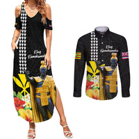 Hawaii King Kamehameha Day Couples Matching Summer Maxi Dress and Long Sleeve Button Shirt Kanaka Maoli Hibiscus Flower and Kakau Pattern LT03 Black - Polynesian Pride