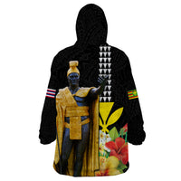 Hawaii King Kamehameha Day Wearable Blanket Hoodie Kanaka Maoli Hibiscus Flower and Kakau Pattern
