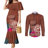 Chamorro Biba Guam Couples Matching Mermaid Dress and Long Sleeve Button Shirt Latte Stone Tribal and Hibiscus Flower Tapa Pattern LT03 Brown - Polynesian Pride