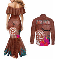 Chamorro Biba Guam Couples Matching Mermaid Dress and Long Sleeve Button Shirt Latte Stone Tribal and Hibiscus Flower Tapa Pattern LT03 - Polynesian Pride