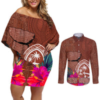 Chamorro Biba Guam Couples Matching Off Shoulder Short Dress and Long Sleeve Button Shirt Latte Stone Tribal and Hibiscus Flower Tapa Pattern LT03 Brown - Polynesian Pride