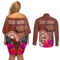 Chamorro Biba Guam Couples Matching Off Shoulder Short Dress and Long Sleeve Button Shirt Latte Stone Tribal and Hibiscus Flower Tapa Pattern LT03 - Polynesian Pride