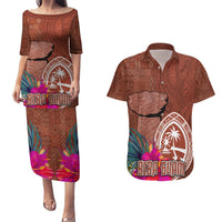 Chamorro Biba Guam Couples Matching Puletasi and Hawaiian Shirt Latte Stone Tribal and Hibiscus Flower Tapa Pattern LT03 Brown - Polynesian Pride