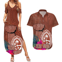 Chamorro Biba Guam Couples Matching Summer Maxi Dress and Hawaiian Shirt Latte Stone Tribal and Hibiscus Flower Tapa Pattern LT03 Brown - Polynesian Pride