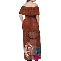 Chamorro Biba Guam Off Shoulder Maxi Dress Latte Stone Tribal and Hibiscus Flower Tapa Pattern
