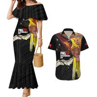 Papua New Guinea Remembrance Day Couples Matching Mermaid Dress and Hawaiian Shirt Bird of Paradise Plumeria Flower and Polynesian Pattern LT03 Black - Polynesian Pride