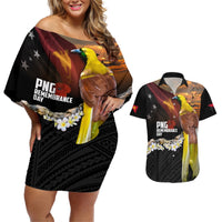 Papua New Guinea Remembrance Day Couples Matching Off Shoulder Short Dress and Hawaiian Shirt Bird of Paradise Plumeria Flower and Polynesian Pattern LT03 Black - Polynesian Pride