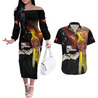 Papua New Guinea Remembrance Day Couples Matching Off The Shoulder Long Sleeve Dress and Hawaiian Shirt Bird of Paradise Plumeria Flower and Polynesian Pattern