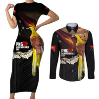 Papua New Guinea Remembrance Day Couples Matching Short Sleeve Bodycon Dress and Long Sleeve Button Shirt Bird of Paradise Plumeria Flower and Polynesian Pattern