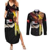 Papua New Guinea Remembrance Day Couples Matching Summer Maxi Dress and Long Sleeve Button Shirt Bird of Paradise Plumeria Flower and Polynesian Pattern LT03 Black - Polynesian Pride