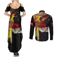 Papua New Guinea Remembrance Day Couples Matching Summer Maxi Dress and Long Sleeve Button Shirt Bird of Paradise Plumeria Flower and Polynesian Pattern LT03 - Polynesian Pride