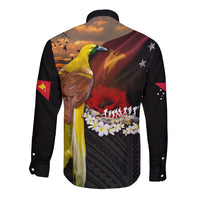 Papua New Guinea Remembrance Day Long Sleeve Button Shirt Bird of Paradise Plumeria Flower and Polynesian Pattern