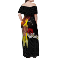 Papua New Guinea Remembrance Day Off Shoulder Maxi Dress Bird of Paradise Plumeria Flower and Polynesian Pattern