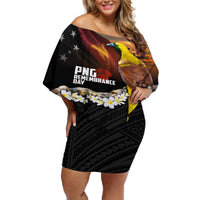 Papua New Guinea Remembrance Day Off Shoulder Short Dress Bird of Paradise Plumeria Flower and Polynesian Pattern LT03 Women Black - Polynesian Pride