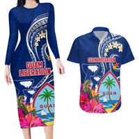 Personalised Guam Liberation Couples Matching Long Sleeve Bodycon Dress and Hawaiian Shirt Latte Stone and Guahan Seal Jungle Flower LT03 Blue - Polynesian Pride