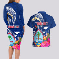 Personalised Guam Liberation Couples Matching Long Sleeve Bodycon Dress and Hawaiian Shirt Latte Stone and Guahan Seal Jungle Flower LT03 - Polynesian Pride