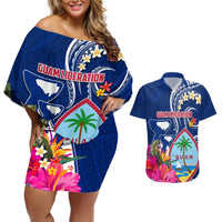 Personalised Guam Liberation Couples Matching Off Shoulder Short Dress and Hawaiian Shirt Latte Stone and Guahan Seal Jungle Flower LT03 Blue - Polynesian Pride