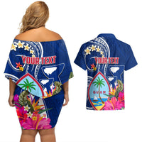 Personalised Guam Liberation Couples Matching Off Shoulder Short Dress and Hawaiian Shirt Latte Stone and Guahan Seal Jungle Flower LT03 - Polynesian Pride