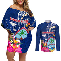 Personalised Guam Liberation Couples Matching Off Shoulder Short Dress and Long Sleeve Button Shirt Latte Stone and Guahan Seal Jungle Flower LT03 Blue - Polynesian Pride
