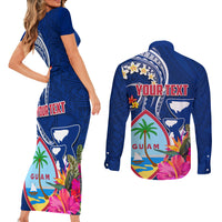 Guam Liberation Couples Matching Short Sleeve Bodycon Dress and Long Sleeve Button Shirt Latte Stone and Guahan Seal Jungle Flower