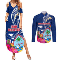 Personalised Guam Liberation Couples Matching Summer Maxi Dress and Long Sleeve Button Shirt Latte Stone and Guahan Seal Jungle Flower LT03 Blue - Polynesian Pride
