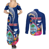 Personalised Guam Liberation Couples Matching Summer Maxi Dress and Long Sleeve Button Shirt Latte Stone and Guahan Seal Jungle Flower LT03 - Polynesian Pride