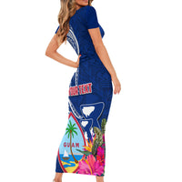 Guam Liberation Short Sleeve Bodycon Dress Latte Stone and Guahan Seal Jungle Flower