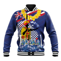 Hawaii King Kamehameha Day Baseball Jacket Lei Sea Waves Polynesian Tapa Pattern
