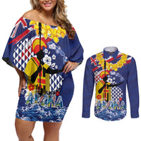 Hawaii King Kamehameha Day Couples Matching Off Shoulder Short Dress and Long Sleeve Button Shirt Lei Sea Waves Polynesian Tapa Pattern