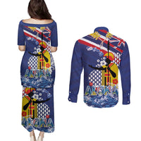 Hawaii King Kamehameha Day Couples Matching Puletasi and Long Sleeve Button Shirt Lei Sea Waves Polynesian Tapa Pattern