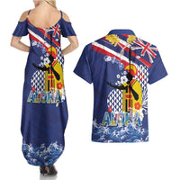 Hawaii King Kamehameha Day Couples Matching Summer Maxi Dress and Hawaiian Shirt Lei Sea Waves Polynesian Tapa Pattern