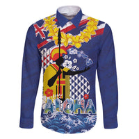 Hawaii King Kamehameha Day Family Matching Off The Shoulder Long Sleeve Dress and Hawaiian Shirt Lei Sea Waves Polynesian Tapa Pattern