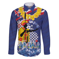 Hawaii King Kamehameha Day Family Matching Off Shoulder Maxi Dress and Hawaiian Shirt Lei Sea Waves Polynesian Tapa Pattern LT03 Dad's Shirt - Long Sleeve Blue - Polynesian Pride