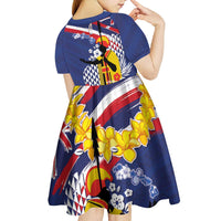 Hawaii King Kamehameha Day Kid Short Sleeve Dress Lei Sea Waves Polynesian Tapa Pattern