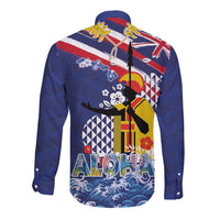 Hawaii King Kamehameha Day Long Sleeve Button Shirt Lei Sea Waves Polynesian Tapa Pattern