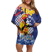 Hawaii King Kamehameha Day Off Shoulder Short Dress Lei Sea Waves Polynesian Tapa Pattern