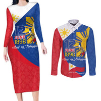 Philippines Independence Day Couples Matching Long Sleeve Bodycon Dress and Long Sleeve Button Shirt Araw ng Kalayaan Polynesian Sun and YAKAN Pattern