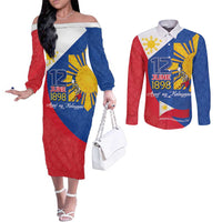 Philippines Independence Day Couples Matching Off The Shoulder Long Sleeve Dress and Long Sleeve Button Shirt Araw ng Kalayaan Polynesian Sun and YAKAN Pattern