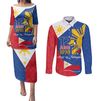 Philippines Independence Day Couples Matching Puletasi and Long Sleeve Button Shirt Araw ng Kalayaan Polynesian Sun and YAKAN Pattern