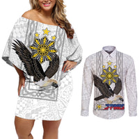 Philippines Eagle Week Couples Matching Off Shoulder Short Dress and Long Sleeve Button Shirt Polynesian Pattern Barong Style LT03 White - Polynesian Pride