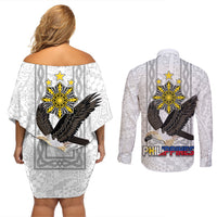 Philippines Eagle Week Couples Matching Off Shoulder Short Dress and Long Sleeve Button Shirt Polynesian Pattern Barong Style LT03 - Polynesian Pride