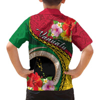 Vanuatu Tribal Boar Tusk Family Matching Off The Shoulder Long Sleeve Dress and Hawaiian Shirt Tropical Plants with Namele and Melanesian Pattern