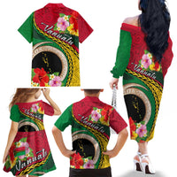 Vanuatu Tribal Boar Tusk Family Matching Off The Shoulder Long Sleeve Dress and Hawaiian Shirt Tropical Plants with Namele and Melanesian Pattern