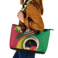 Vanuatu Tribal Boar Tusk Leather Tote Bag Tropical Plants with Namele and Melanesian Pattern