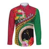 Vanuatu Tribal Boar Tusk Long Sleeve Button Shirt Tropical Plants with Namele and Melanesian Pattern