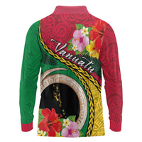 Vanuatu Tribal Boar Tusk Long Sleeve Polo Shirt Tropical Plants with Namele and Melanesian Pattern