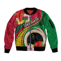 Vanuatu Tribal Boar Tusk Sleeve Zip Bomber Jacket Tropical Plants with Namele and Melanesian Pattern